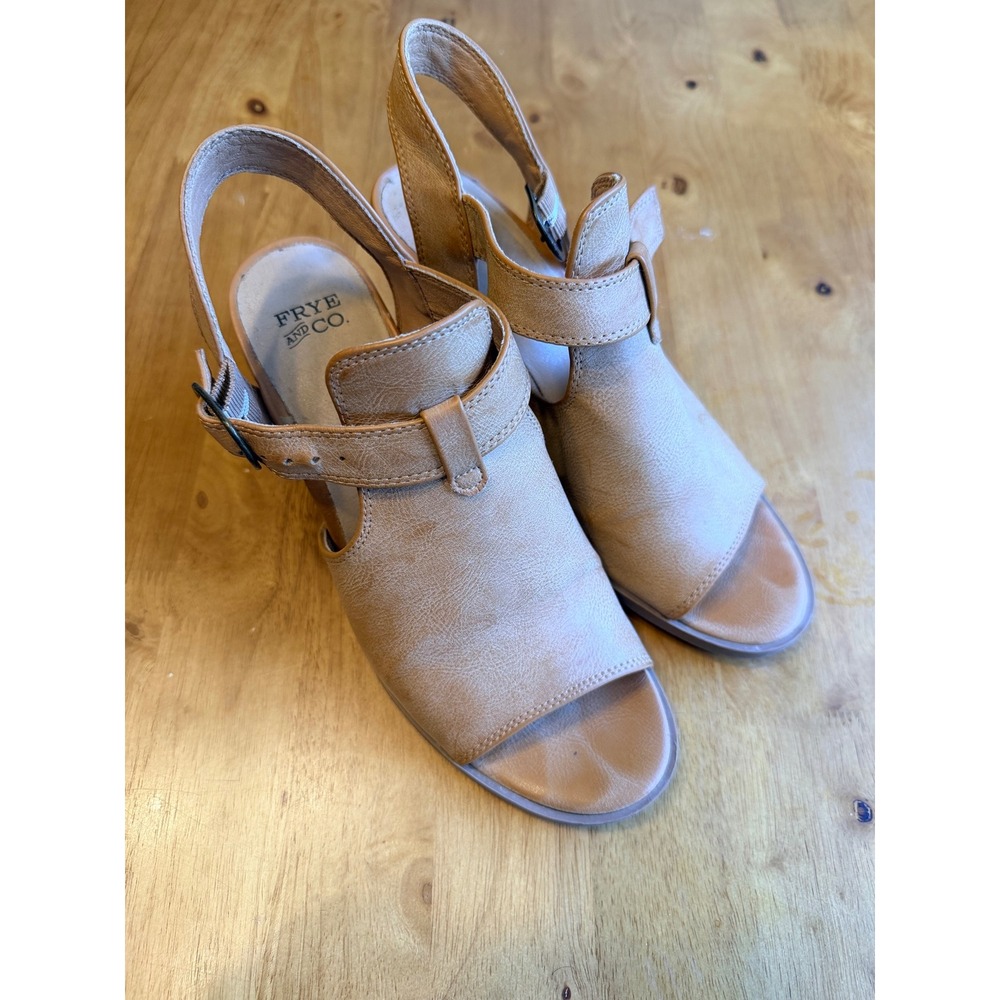 Frye and Co Gaia Tan Wedge Sandals Womens 7.5 M Slingback Open Toe